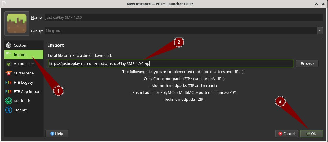Import dialog in Prism Launcher